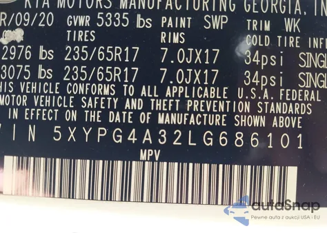 2020 Kia Sorento 2.4L Lx z USA, uszkodzony, nr VIN 5XYPG4A32LG686101